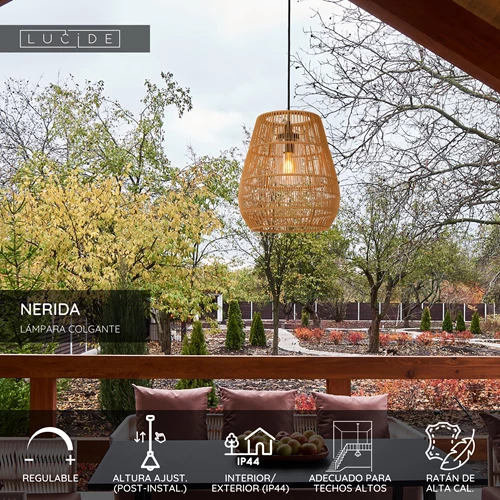 Lucide NERIDA - Lámpara colgante Dentro/Fuera - Ø 35 cm - 1xE27 - IP44 - Adecuado para dobles alturas y techos altos - Natural - USP